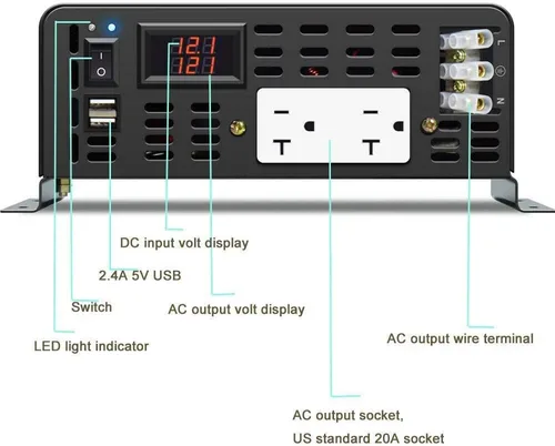 Miniatura 5 de WZRELB Inversor de corriente de onda sinusoidal pura de 2500 W, 12 VCC a 120 VCA, 60 Hz, salidas de CA duales, 2 puertos USB de 2.4 A y terminal