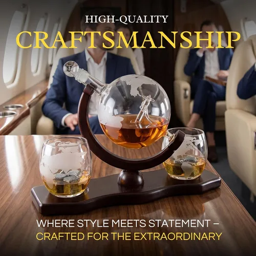 Miniatura 5 de Decantador del mundo grabado con globo de whisky, juego de regalo de whisky The Wine Savant con avión antiguo, piedras de whisky y 2 vasos de mapa