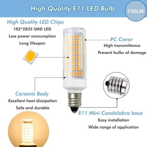 Miniatura 3 de [Paquete de 5] Bombilla LED E11 de 7 W, regulable, base de mini candelabro, equivalente a halógeno, equivalente a 75 W, bombilla de maíz T3/T4 JD