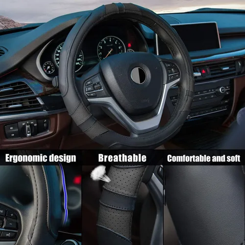 Miniatura 4 de Achiou - Funda para volante de automóvil, universal, de 15 pulgadas, con contornos de agarre, de cuero, antideslizante, transpirable, suave