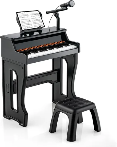 Miniatura 9 de HONEY JOY Piano para niños, piano de teclado negro de 37 teclas para niños con soporte de música y banco, regalo para bebés con micrófono