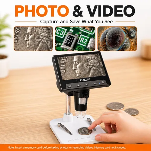 Miniatura 4 de Elikliv Microscopio, microscopio digital LCD para monedas 1000x, lupa de monedas con 8 luces LED ajustables, vista de PC compatible con Blanco