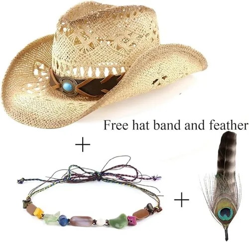 Miniatura 4 de Sombrero de vaquero de paja occidental para hombre y mujer, sombrero de vaquera con dos bandas decorativas, sombrero de sol tejido de ala moldeable