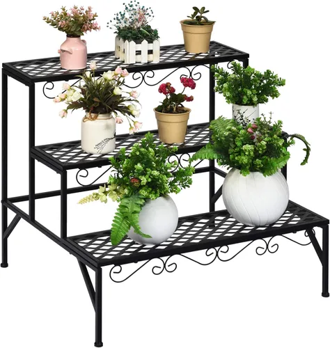 Giantex Soporte de metal negro para plantas de 3 niveles, soportes de metal para plantas con 6-9 soportes de capacidad en maceta, estante de