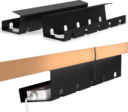 Paquete de 2 bandejas de gestión de cables debajo del escritorio, organizador de cables de metal, soporte de tira de alimentación con bridas y clips
