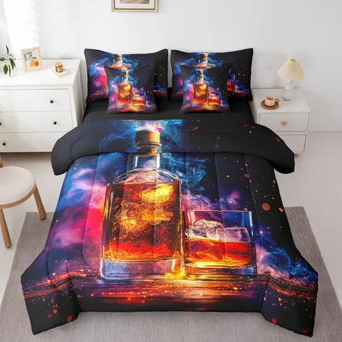 Miniatura 8 de Whisky - Juego de ropa de cama de 7 piezas tamaño individual, cama de vidrio de hielo de whisky en una bolsa para niños, juego de edredón retro