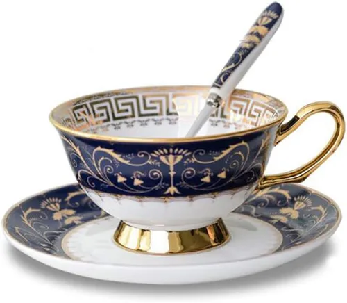 YBK Tech - Juego de tazas y platillos de porcelana de hueso estilo europeo, taza de café de cerámica para el hogar, cocina, boda (patrón real, azul
