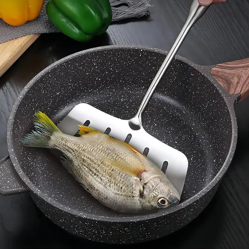 Miniatura 5 de GREATLINK Espátula de pescado de acero inoxidable 304, espátula ancha ranurada para carne con mango largo resistente al calor, girador de cocina