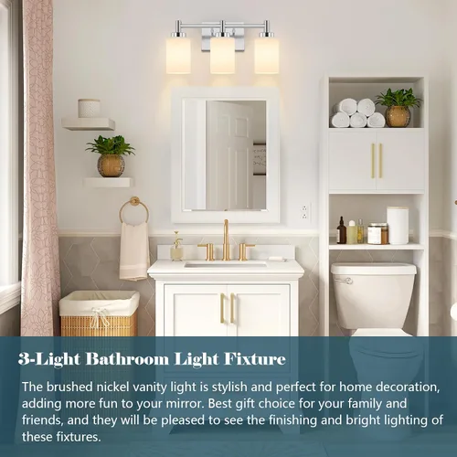 Miniatura 5 de 3-Light Brushed Nickel Bathroom Light Fixtures Over Mirror, Rustproof Brushed Nickel Vanity Light, Modern Bathroom Vanity Lights with Milky White