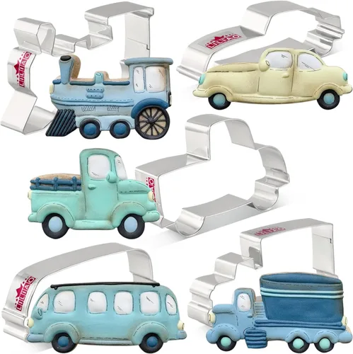LILIAO Juego de cortadores de galletas de transporte, 5 piezas, cortadores de fondant para tren, camión, camioneta, coche golpeado y autobús, acero