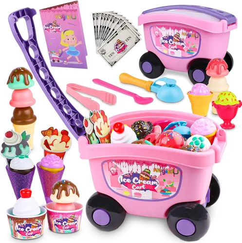 Magic4U - Carro de helados de juguete para niños, juego de simulación de tienda de helados de 48 piezas con cuchara, coberturas y otros juguetes de