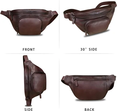 Miniatura 4 de Riñonera de cuero genuino para mujeres y hombres, bolso cruzado de cuero real vintage, bolso cruzado de moda para la cintura, Café, Riñonera