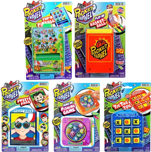 JA-RU Juego de juguetes de viaje de bolsillo (5 juguetes) Mini juegos de mano para niños. Máquina de pinball, baloncesto de dedos, juego de pesca,