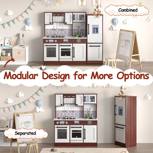 Miniatura 2 de BRINJOY Juego de cocina de madera para niños de 2 piezas, juego de cocina de madera para niños pequeños, cocina de simulación modular con estufa