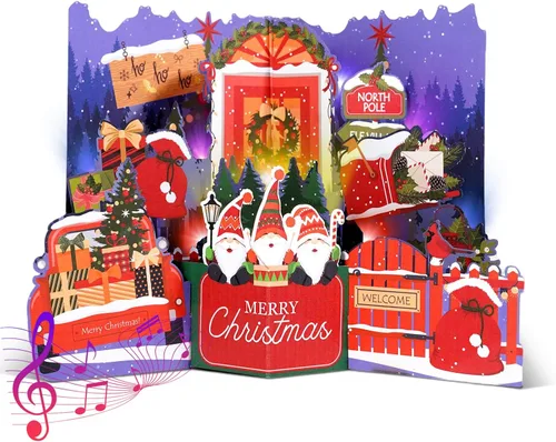 Miniatura 8 de MZD8391 Tarjetas de Navidad con proyecciones de Papá Noel animadas, tarjeta de felicitación de regalo de Navidad desplegable 3D con luces musicales