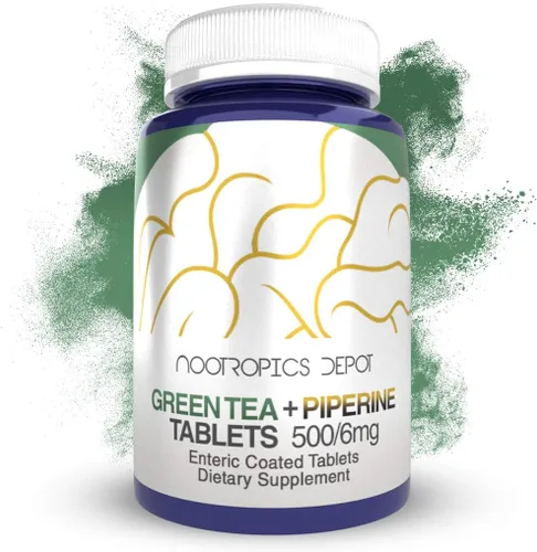 Nootropics Depot Tabletas de extracto de té verde | 60 unidades | 500 mg | Mínimo 45% EGCG + 6 mg de piperina | Recubierto entérico
