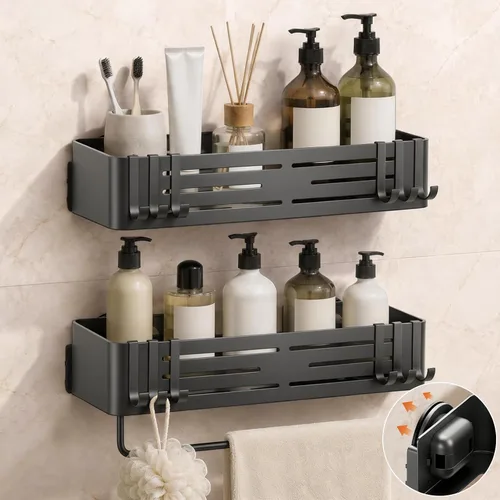 Miniatura 15 de Lekesky Organizador de ducha con ventosa, estante de ducha sin taladro, organizador de ducha de baño de aluminio a prueba de óxido con 12 ganchos