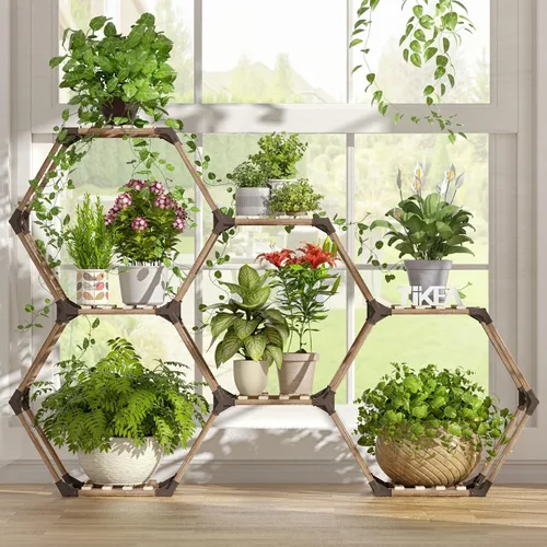 Tikea Soporte para plantas para interiores y exteriores, soporte hexagonal para múltiples plantas, estante grande de madera para plantas, 7 niveles,