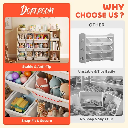 Miniatura 5 de DOREROOM Organizador de almacenamiento de juguetes con estantería, almacenamiento de juguetes para niños y organizadores con 3 estantes, 9