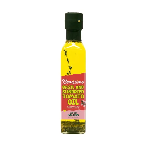 Aceite Infundido con Albahaca y Tomate Seco al Sol de Benissimo, Aceite de Cocina Gourmet 100% Natural con Hierbas Frescas del Jardín, Ideal para