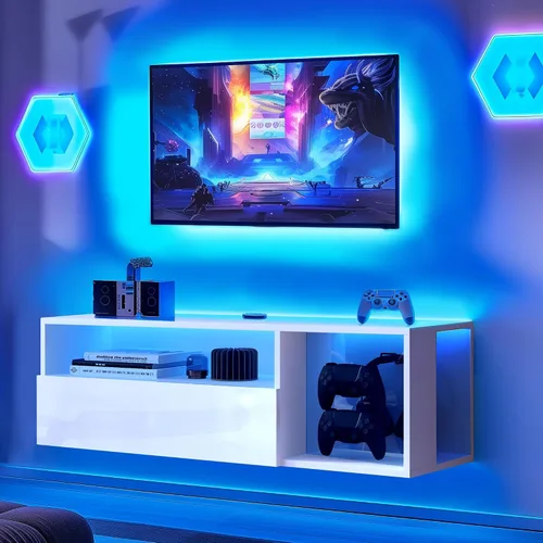 sogesfurniture Soporte de TV de 39.3 pulgadas, centro de entretenimiento flotante con luces, consola multimedia moderna con almacenamiento, soporte
