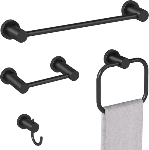STWWO Juego de 4 piezas de accesorios de baño, color negro, juego de toalleros de acero inoxidable de 16 pulgadas, toalleros para baño montado en la