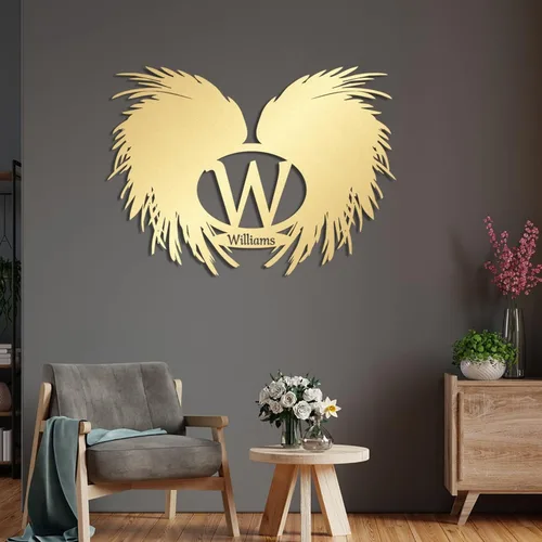 Miniatura 9 de Arte de pared de metal con alas de ángel, letrero con nombre personalizado, decoración moderna del hogar para sala de estar, dormitorio, oficina