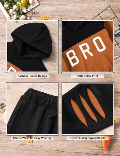 Miniatura 5 de Conjunto de ropa para bebé niño pequeño, sudadera con capucha de manga larga con estampado de letras, pantalones rasgados, conjunto de trajes
