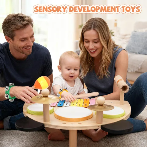 Miniatura 4 de Juego de batería para niños, instrumentos musicales Montessori para niños pequeños de 1 a 6 años, juguetes de madera, mesa de música Montessori, kit