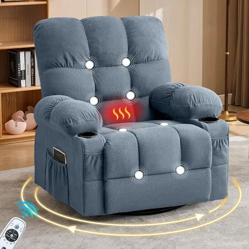 Silla reclinable giratoria para adultos, reclinable de gran tamaño con masaje por vibración y calor lumbar, mecedora ergonómica con bolsillo