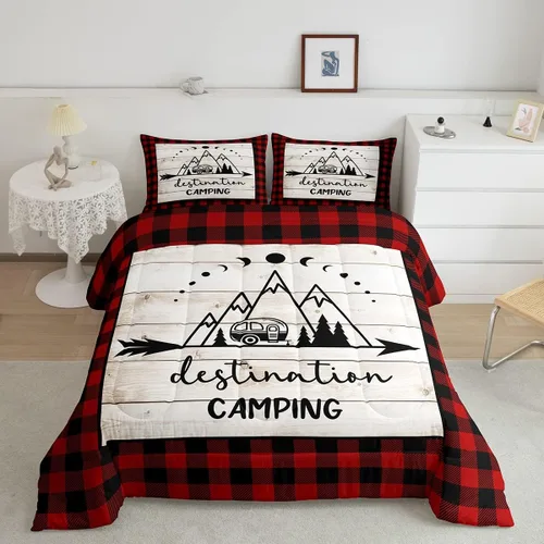 Miniatura 37 de Juego de Edredón para Acampar Feliz para Niños Tamaño Individual, Juego de Ropa de Cama Rústica de Aventura de Granja y Cabaña, Decoración