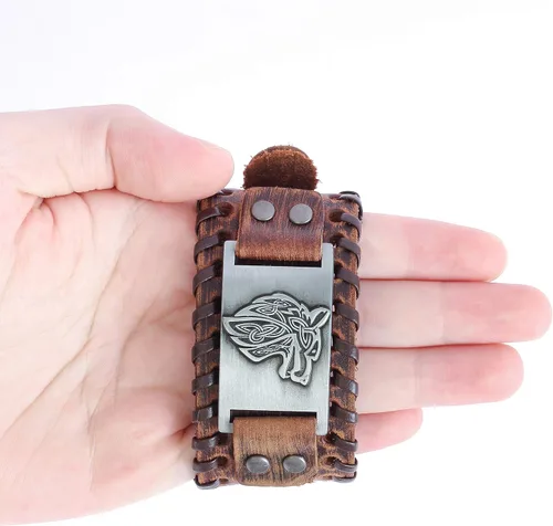 Miniatura 3 de HAQUIL Pulsera vikinga wicca egipcia negra marrón ancha de cuero pulsera antigua medieval joyería regalo para hombres