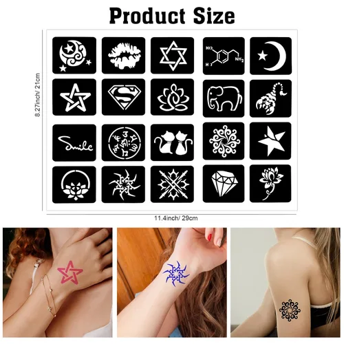 Miniatura 2 de Qpout Plantillas de tatuaje para niños y adultos, kit de plantillas de tatuaje de henna, diseño de plantillas de tatuaje pequeñas y grandes