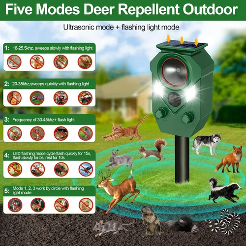 Miniatura 4 de Repelente ultrasónico de animales para exteriores, repelente y disuasorio de gatos con sensor PIR y luz intermitente, repelente de ciervos