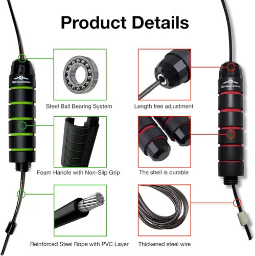 Miniatura 6 de Cuerda de saltar ajustable para artes marciales y fitness, cable sin enredos, asas ergonómicas de espuma y rodamientos de bolas, incluye toalla