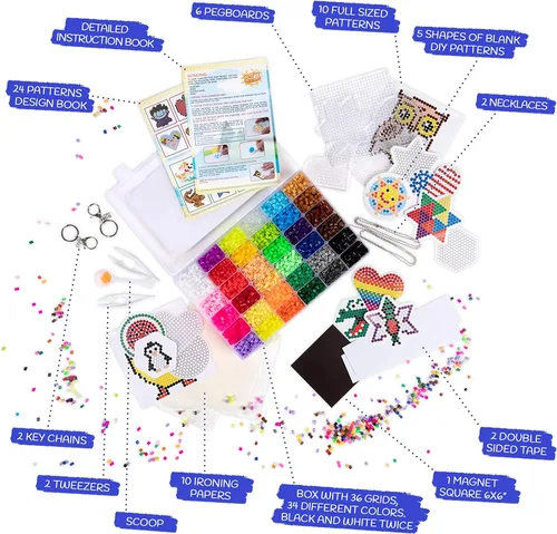 Miniatura 2 de CraftyCreations Kit de manualidades de cuentas de fusibles de 10,500 piezas, kit compatible con Perler, 34 colores, 6 tableros de clavijas, más