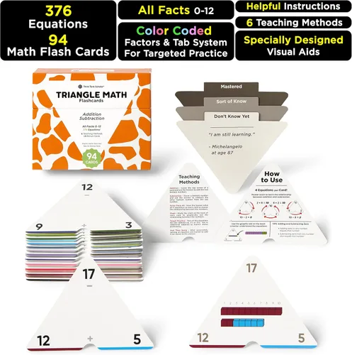 Miniatura 3 de Think Tank Scholar Juego de tarjetas flash triangulares de suma y resta (376 ecuaciones matemáticas), todos los hechos 0-12 - codificados por