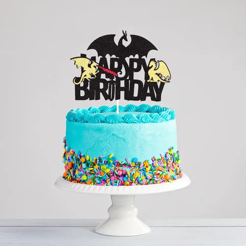 Miniatura 7 de Decoración para pastel de cumpleaños con purpurina negra de dragón de fuego, juegos de decoración de fiesta de dragón para niños y hombres