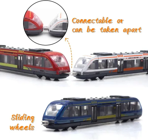 Miniatura 3 de Crelloci Juego de 3 trenes bala, tren de juguete de alta velocidad vinculado Lotomotora, modelo de automóvil de aleación fundida, metro deslizante