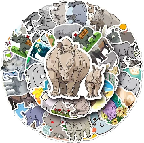 Calcomanías de vinilo de rinoceronte, 50 calcomanías impermeables de animales ilustrados para portátiles, álbumes de recortes, diarios, cuadernos,