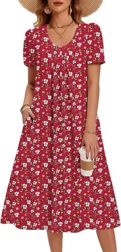 Miniatura 25 de Zeagoo Vestido de verano para mujer, casual, floral, midi, con bolsillos, cuello en V, plisado, manga corta, estilo alineado, para vacaciones