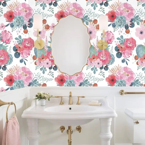 Miniatura 2 de HAOKHOME - Papel pintado floral para despegar y pegar, acuarela, cactus, blanco/rosa/verde/azul marino, vinilo autoadhesivo, papel de contacto