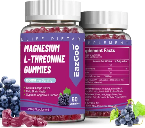 Gomitas de treonina de magnesio de 1000 mg, gomitas de L-treonina para adultos, los mejores suplementos de magnesio para el cerebro, sin OMG, sin