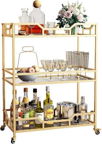 Miniatura 6 de Carritos de Bar Cuadrados de Oro con 3 Niveles de Almacenamiento con Estantes de Vidrio para el Hogar, Carritos de Servicio con Ruedas para Cocina