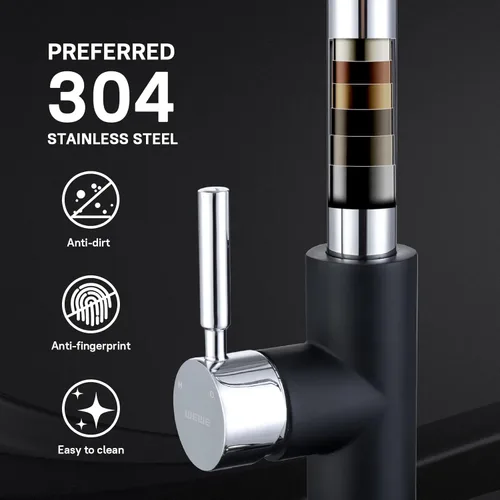 Miniatura 4 de WEWE Grifo de Fregadero de Cocina, Grifo de Cocina Extraíble, Grifo de Cocina Negro y Cromado con Rociador de Acero Inoxidable de Una Sola Manija