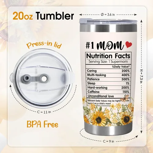 Miniatura 2 de TEEZWONDER Regalos para el Día de la Madre para mamá de hija e hijo, # 1 Información nutricional de girasol, vaso de café aislado de acero