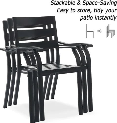 Miniatura 3 de Juego de 2 sillas de comedor para patio, sillas de comedor apilables negras para exteriores, juego de muebles de patio de metal para jardín, patio