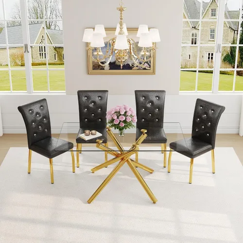 Miniatura 49 de Juego de mesa de comedor moderna para mesa de comedor negra de 4,63 pulgadas, juego de 4 con patas de metal dorado, mesa de cocina rectangular