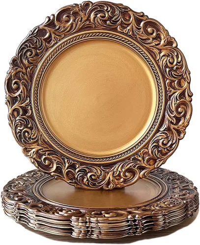 Miniatura 19 de Juego de 6 platos de carga marrones, cargadores de platos de madera sintética, cargador de plástico de 13 pulgadas para cenas y mesas de fiesta.