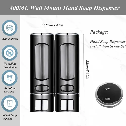 Miniatura 2 de Dispensador de jabón montado en la pared, bomba de ducha negra de 13.5oz/400ml, dispensador de jabón líquido recargable transparente, dispensador